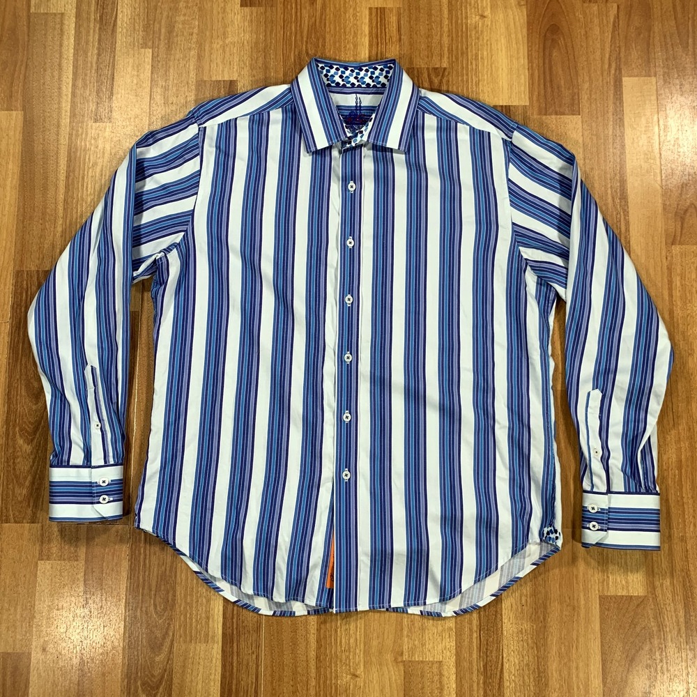 Robert Graham Shirt Mens Large L White Blue Purple Stripes Button Up